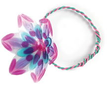 Load image into Gallery viewer, a single handmade bracelet or hair tie featuring a large, multi-layered flower attached to a circular band is shown. The translucent plastic flower is decorated with small, jewel-like stickers in shades of magenta, teal, and deep purple, while the attached loop is made from tightly twisted pink and green craft cord.