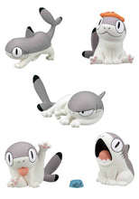 Load image into Gallery viewer, Five grey-and-white Sharkitty figurines in various poses against a plain white background, along with a tiny blue food bowl featuring a fish icon. The creatures combine feline features like paws and tails with shark elements like dorsal fins and gill slits, showcasing actions like stretching, sitting with a slice of orange fish on its head, lounging, grooming, and wide-mouthed yawning.
