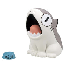 Load image into Gallery viewer, A grey-and-white Sharkitty figurine sitting upright against a white background, its mouth wide open in a request for food that reveals its pink tongue and small pointed lower teeth. Beside its left paw sits a tiny blue pet dish decorated with a cartoon fish outline.
