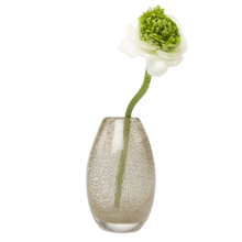 Load image into Gallery viewer, This clear glass bud vase features a sleek, oval shape filled with a dense pattern of tiny captured air bubbles, holding a single curved white flower stem with a vibrant green center.