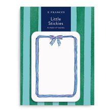 Load image into Gallery viewer, Blue Ribbon Little Sticky Notes featuring a triple striped blue ribbon board with a bow in top-center of sticky. Notes mounted on thick oversized card featuring bold green and light blue lines.