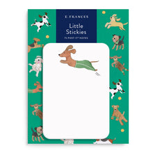 Load image into Gallery viewer, Off the Leash Little Sticky Notes featuring a jumping dog in sport shorts on top-center of sticky. Notes mounted on thick oversized card featuring dogs jumping wearing workout gear