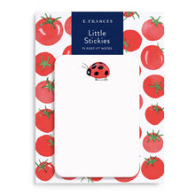Load image into Gallery viewer, Ladybug Little Sticky Notes featuring a large ladybut on top-center of sticky. Notes mounted on thick oversized card featuring tomatoes.