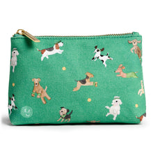 Load image into Gallery viewer, Off the Leash Little Pouch featuring jumping dogs in workout gear with a jade green background