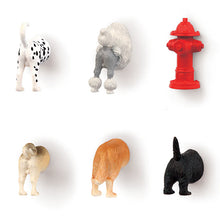 Load image into Gallery viewer, six individual, unpackaged dog-themed magnets arranged in two rows of three viewed from behind as if the dogs are sniffing a wall. The top row includes a spotted Dalmatian, a fluffy grey and white groomed poodle, and a classic bright red fire hydrant, while the bottom row displays a pug, a golden retriever, and a solid black Scottish terrier.