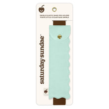 Load image into Gallery viewer, Mint Chip Elastic Band Pen Holders features a mint green case with chocolatey brown elastic and scalloped edge on two sides and a snap closure. The small cherry tag perfectly finishes this delicious pen holder.