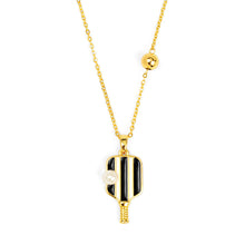 Load image into Gallery viewer, black and white pickleball paddle necklace with faux pearl accent