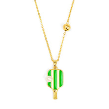 Load image into Gallery viewer, green and white pickleball paddle necklace with faux pearl accent