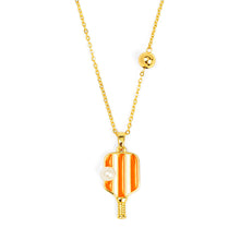 Load image into Gallery viewer, orange and white pickleball paddle necklace with faux pearl accent