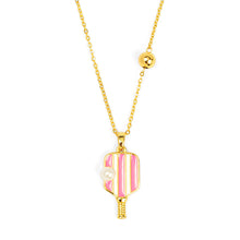 Load image into Gallery viewer, pink and white pickleball paddle necklace with faux pearl accent