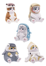 Load image into Gallery viewer, Five small, adorable cat figurines arranged against a plain white background, each seated with upright paws and dressed in a different marine creature costume. The costumes feature hoods that frame the cats' faces, including an otter, an eel with open jaws, a spotted whale, a penguin, and a squid with tentacles draped around the cat's body.