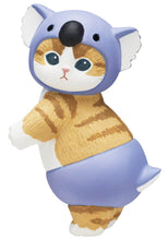 Load image into Gallery viewer, A ginger-and-white tabby cat figurine against a plain white background, standing on its hind legs and looking over its shoulder. It wears a blue koala costume featuring wide fluffy white ears, a black oval nose on the hood, and matching blue shorts.