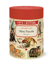 Load image into Gallery viewer, This beautifully detailed mini puzzle captures the playful, mischievous spirit of vintage felines—complete with party hats, yarn baskets, and classic charm