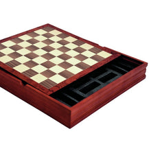 Load image into Gallery viewer, A wooden chessboard with a rich reddish frame sliding open to reveal custom foam storage compartments underneath.