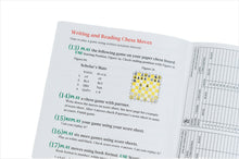 Load image into Gallery viewer, An open page from an instructional workbook showing numbered steps, chess move notation, a chessboard diagram, and an official score sheet form.
