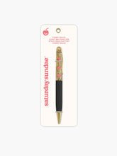 Load image into Gallery viewer, "Saturday Sundae Cherry Smiles Floaty Ballpoint Pen" has a sleek black lower barrel, polished gold trim at the tip and clip, and a clear upper chamber filled with sparkling gold glitter fluid where small pink cherry icons float up and down.