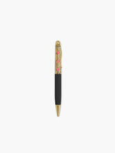 Load image into Gallery viewer, The pen features a sleek matte black lower barrel, a polished gold tip and clip, and a clear upper half filled with sparkling gold glitter fluid where small pink cherry icons float.