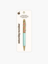 Load image into Gallery viewer, "Saturday Sundae Cherry Smiles Floaty Ballpoint Pen" has a soft mint-blue lower barrel, polished gold trim at the tip and clip, and a clear upper chamber filled with sparkling gold glitter fluid where small pink cherry icons float up and down.