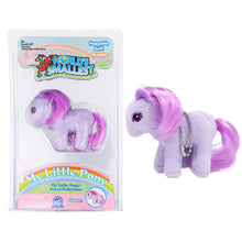 Load image into Gallery viewer, A packaged "World's Smallest My Little Pony" plush toy alongside an unboxed version on a plain white background. The character shown is Blossom, a miniature lavender-purple plush pony with a bright magenta mane and tail, featuring a silver keychain attached around her neck.