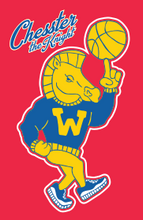 Load image into Gallery viewer, Chester the Knight hitting the court with a basketball on a bold red backdrop.