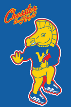 Load image into Gallery viewer, Chester the Knight posing with a football on a background of blue.