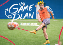 Load image into Gallery viewer, Photo magnet featureng Magnus Carlsen kicking a soccer ball with the Game Plan exhibit logo.