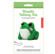 Load image into Gallery viewer, a finished "Needle Felting Kit" project. the image on the packaging shows a small, round, hand-crafted wool frog with a bright green body, a fuzzy white belly, rosy pink cheeks, and large, glossy black plastic eyes.
