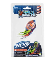 Load image into Gallery viewer, A packaged "World's Smallest Nerf Weather Blitz" miniature football toy sealed inside a clear plastic blister card. At the center is a small orange football accented with blue stripes, featuring bright green and red plastic tail-streams extending behind it to mimic motion.