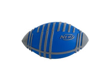 Load image into Gallery viewer, An unboxed miniature Nerf Weather Blitz football against a clean white background. The toy features a vibrant blue body wrapped with raised grey textured grips and tips, along with a grey "NERF" logo on its center.