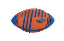 Load image into Gallery viewer, An unboxed miniature Nerf Weather Blitz football against a plain white background. The toy features a bright orange foam body with textured blue rubberized ridges around its circumference and a blue "NERF" logo printed on its side.