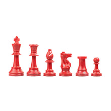 Load image into Gallery viewer, A line of vibrant red plastic chess pieces set against a white background, arranged in height order from king to pawn.