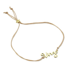 Load image into Gallery viewer, This image shows the unboxed "Virgo" bracelet arranged in a loose loop against a plain white background. The delicate cursive gold nameplate rests at the bottom, while the double-strand tan cord threads through a tiny, metallic gold star-shaped slider at the top to adjust the fit.
