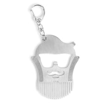 Load image into Gallery viewer, This image shows a flat, silver multi-tool keychain crafted from brushed stainless steel and shaped like a stylized man's head with a full beard, mustache, and sunglasses. The bottom of the beard features a row of fine teeth that function as a comb, while the cutout areas for the sunglasses and nose double as integrated wrench openings and a bottle opener under a small silver chain hook.