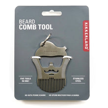 Load image into Gallery viewer, This image shows a flat, silver multi-tool keychain crafted from brushed stainless steel and shaped like a stylized man's head with a full beard, mustache, and sunglasses. The bottom of the beard features a row of fine teeth that function as a comb, while the cutout areas for the sunglasses and nose double as integrated wrench openings and a bottle opener under a small silver chain hook.