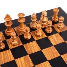 Load image into Gallery viewer, Side of black olive chess board and pieces