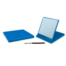 Load image into Gallery viewer, Blue 5-inch square portable Buddha Board that folds into its own small easel stand