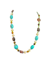 Load image into Gallery viewer, This bohemian-style beaded necklace features a vibrant, asymmetrical mix of oval turquoise stones, iridescent pearl-like beads, polished brown and amber gemstones, and small green spacer beads.