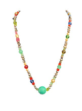 Load image into Gallery viewer, This colorful beaded necklace features a central, large spherical turquoise or malachite-green focal bead, surrounded by an eclectic mix of small metallic pearls, vibrant red and blue crystal beads, and light green glass elements.