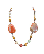 Load image into Gallery viewer, This eclectic beaded necklace features two large, smooth, banded agate slabs in shades of orange and brown flanking a central strand of round and oval gemstone beads in earthy tones.