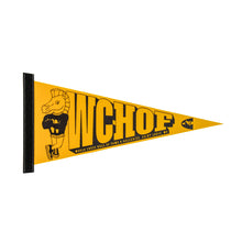Load image into Gallery viewer, Triangular yellow felt pennant with a black strip sewn along the wide left edge. It features a cartoon knight chess piece mascot standing with arms crossed next to large block lettering that spells "WCHOF," above the text "WORLD CHESS HALL OF FAME & GALLERIES SAINT LOUIS, MO."