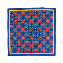 Load image into Gallery viewer, This is a blue pocket square featuring an intricate repeating pattern of red shields containing black chess king pieces interspersed with standalone king silhouettes, all bordered by a yellow and white frame with a solid blue edge.