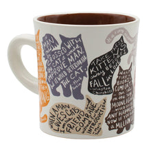 Load image into Gallery viewer, Literary Cats Mug celebrates the timeless bond between felines and famous authors, featuring nine cat silhouettes and witty quotes from literary greats like Mark Twain and Emily Brontë