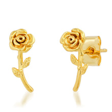 Load image into Gallery viewer, image of gold rose with stem stud earrings