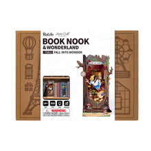 Load image into Gallery viewer, The retail product packaging for the Rolife "Fall Into Wonder" DIY Book Nook kit is shown, featuring product images, specifications, and branding on a cardboard box.