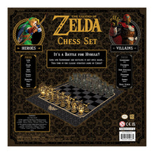 Load image into Gallery viewer, The back packaging of The Legend of Zelda Chess Set showing hero and villain character piece guides, game contents, and product artwork against a dark patterned background.