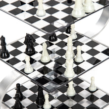 Load image into Gallery viewer, Close-up view of the Strato Chess board, highlighting the three transparent levels and intricately placed chess pieces, illustrating the game's unique 3D gameplay