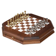 Load image into Gallery viewer, Metal Staunton Chessmen on Octagonal Alabaster/Wood Board