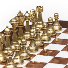 Load image into Gallery viewer, Metal Staunton Chessmen on Octagonal Alabaster/Wood Board