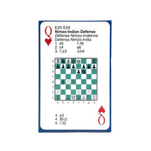 Load image into Gallery viewer, A Queen of Hearts playing card featuring chess opening notations for the Nimzo-Indian Defense alongside a illustrated chess board diagram.