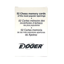 Load image into Gallery viewer, The front of a white product box labeled "52 Chess memory cards of the most popular openings" in English, French, and Spanish with the DGT brand logo at the bottom.